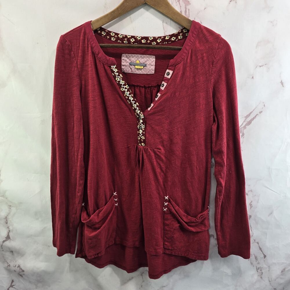 Anthropologie Shirt Womens Medium Red Long Sleeve Notch V Little Floral Pocket